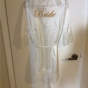 Bride Satin Lace Trim Robe in White